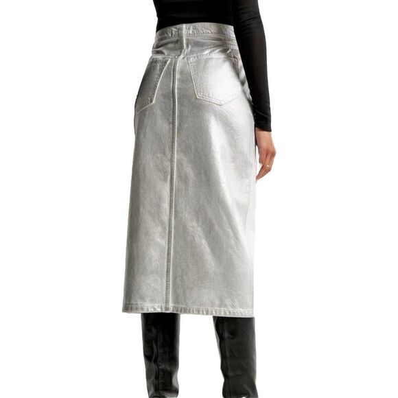 Abercrombie‎ & Fitch Metallic Silver Denim Midi Skirt Sz 10 Streetwear Urban - Picture 4 of 11
